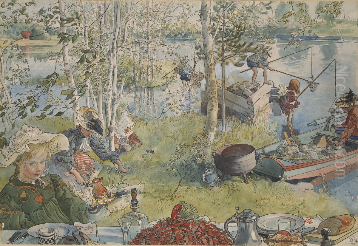 Crayfishing. From A Home (26 watercolours) Oil Painting by Carl Larsson