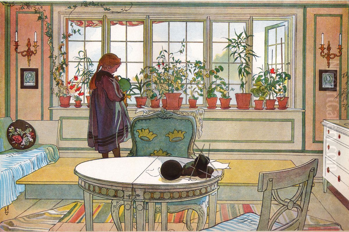 Flowers on the Windowsill. From A Home (26 watercolours) Oil Painting by Carl Larsson