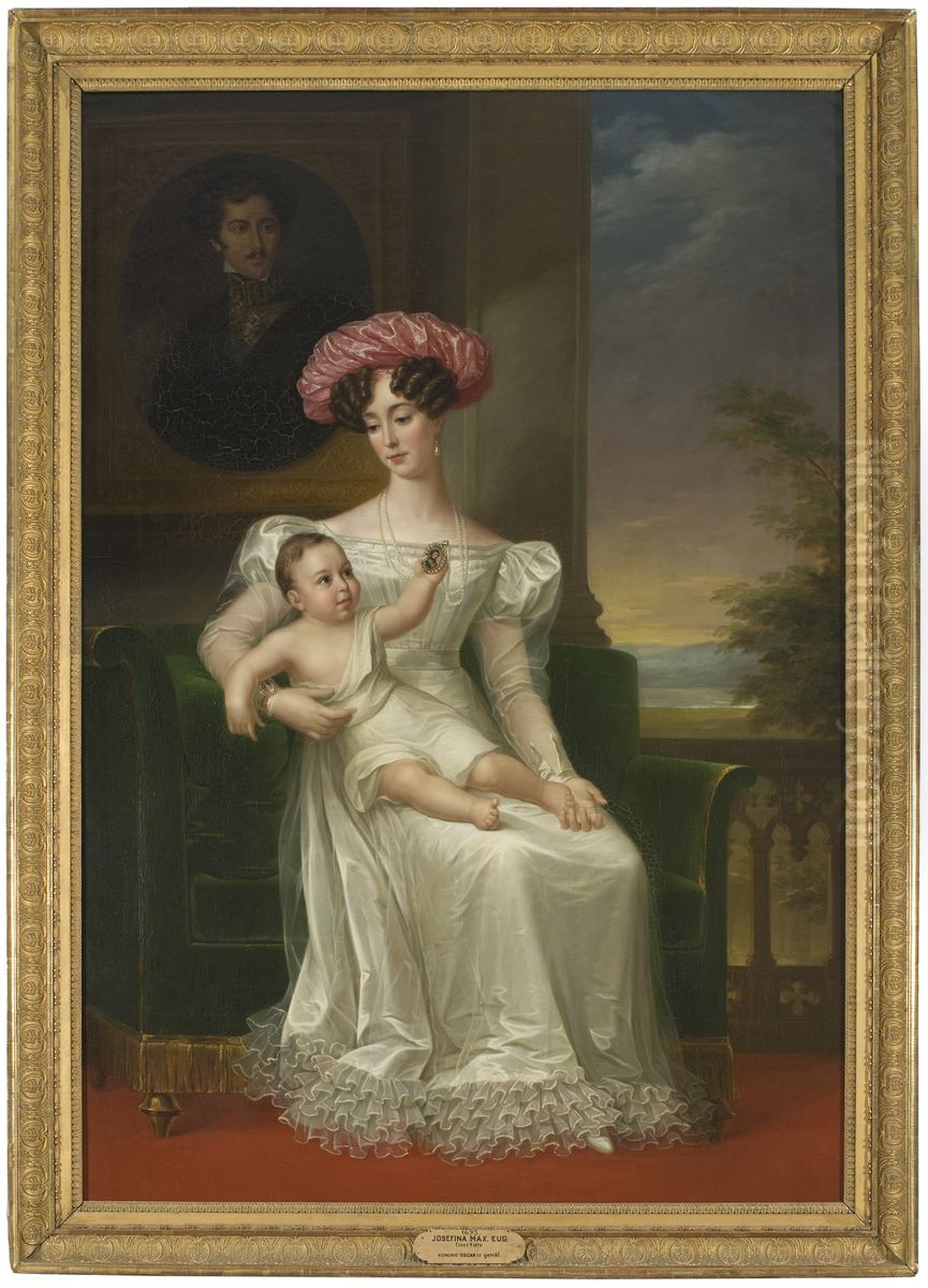 Josefina Maximiliana Eugenia Napoleana, 1807-1876, drottning av Sverige, med sonen Karl (XV) Oil Painting by Fredric Westin
