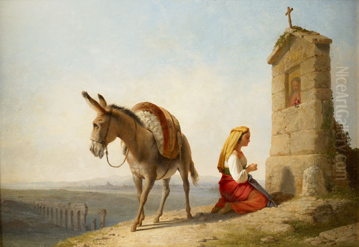 Woman and Donkey by a Roadside Shrine Oil Painting by John Gadsby Chapman