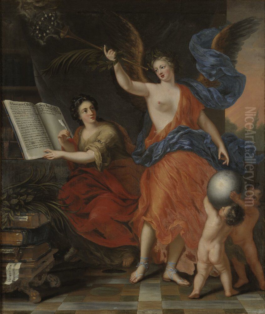 Historiens och ryktets gudinnor uppteckna svenska konungars bedrifter Oil Painting by David Klocker Ehrenstrahl