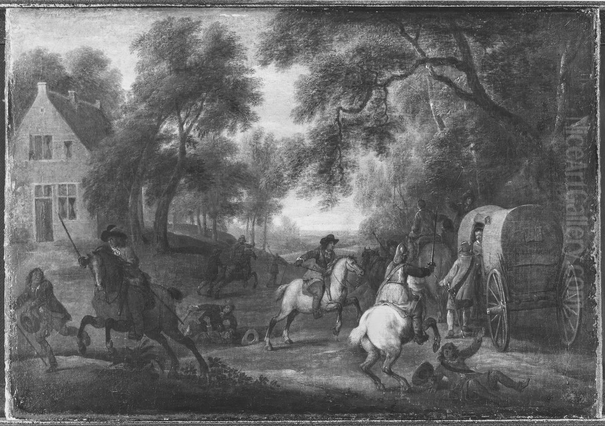 Soldiers Attacking a Caleche Oil Painting by Adam Frans van der Meulen