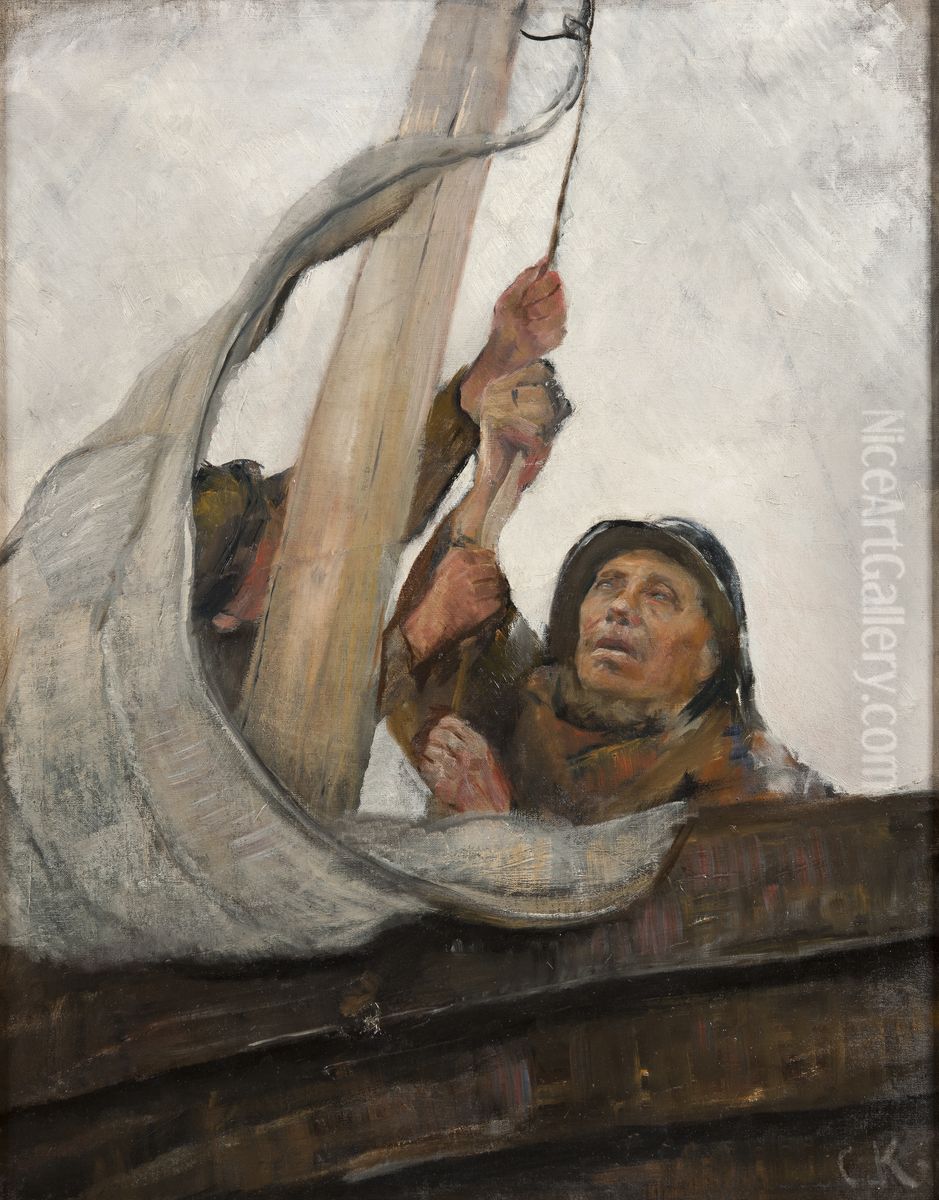 Seglet hissas Oil Painting by Christian Krohg