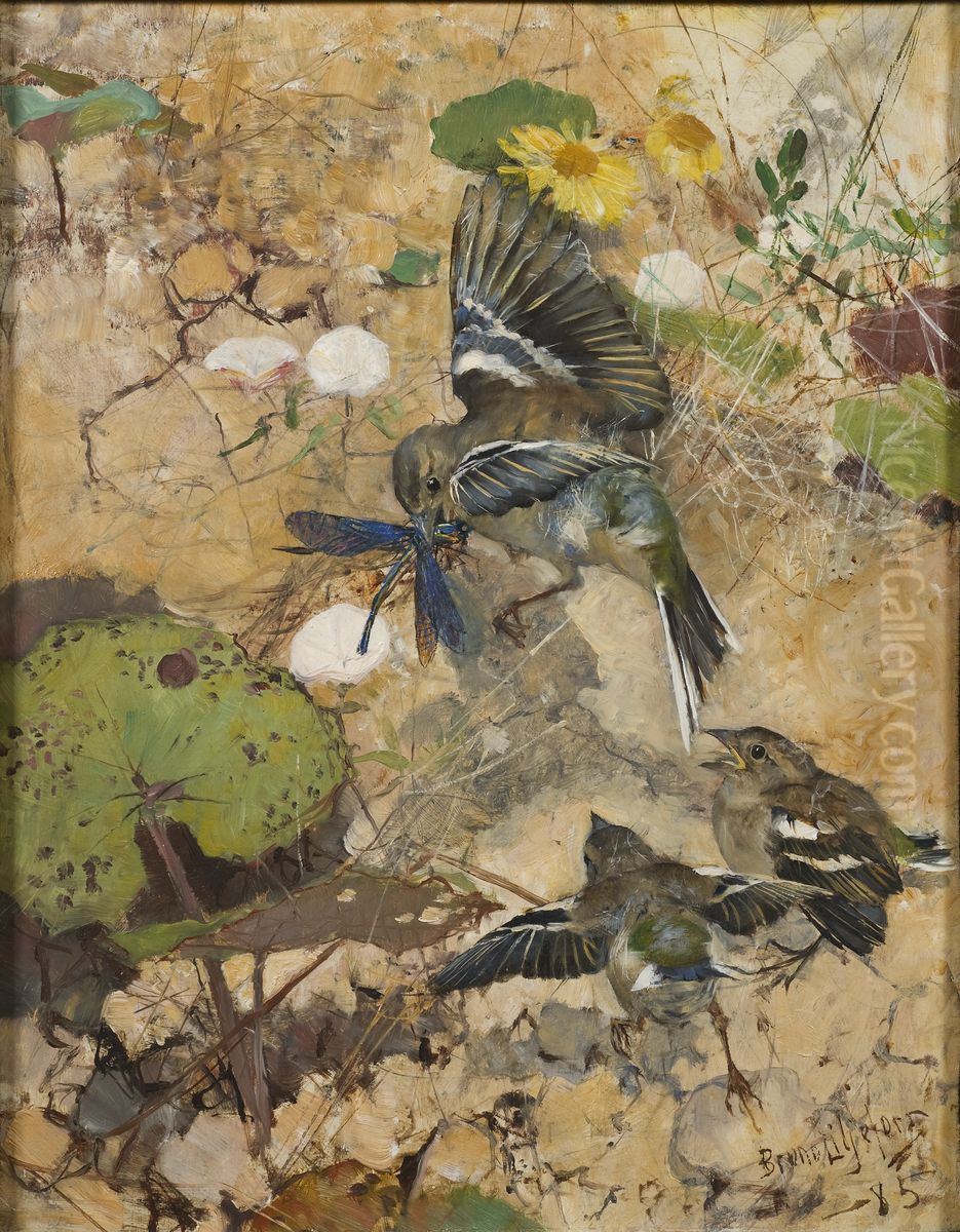 Chaffinches and Dragonflies. Five studies in one frame, NM 2223-2227 Oil Painting by Bruno Andreas Liljefors