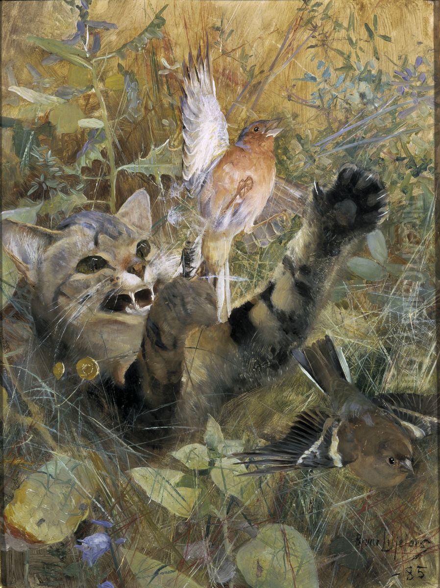 Katt och bofink. En av fem djurstudier i samma ram, NM 2223-2227 Oil Painting by Bruno Andreas Liljefors