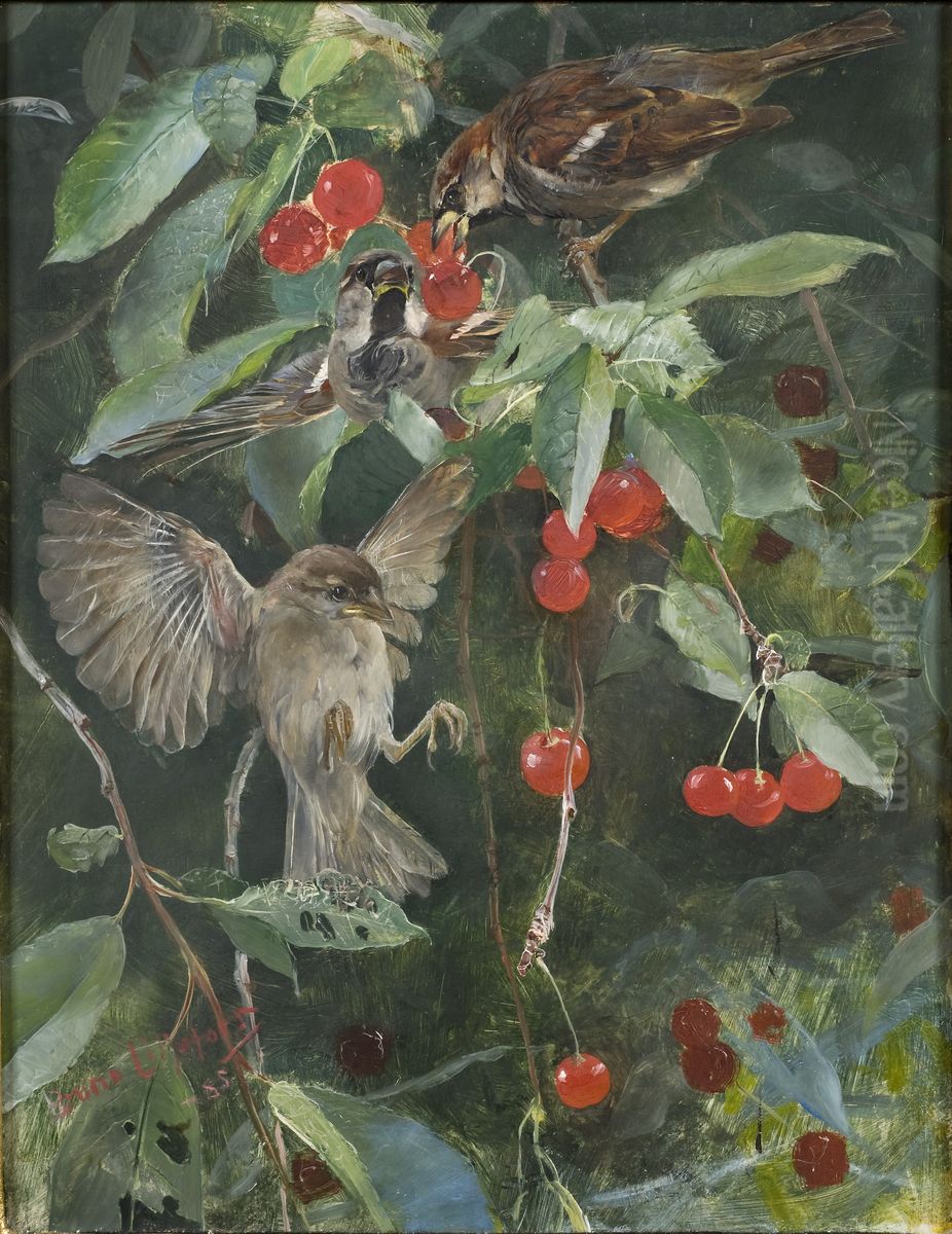 Sparrows in a Cherry Tree. Five studies in one frame, NM 2223-2227 Oil Painting by Bruno Andreas Liljefors