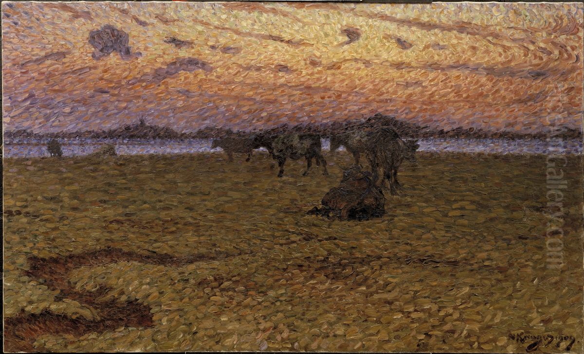 Kor pa stranden Oil Painting by Nils Kreuger