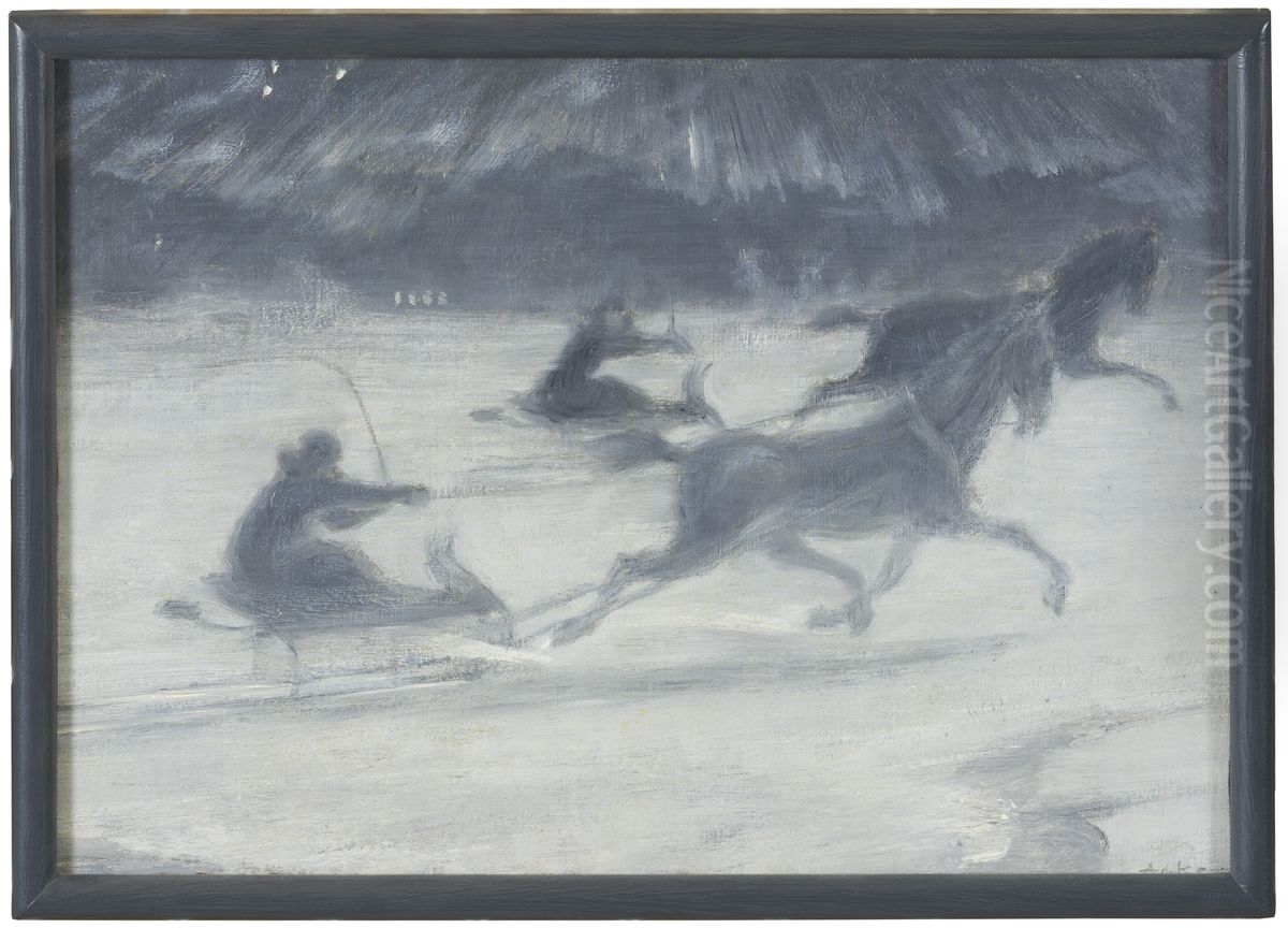 Sleighing on the Ice. Illustration for a Short Story by Per Hallstrom Oil Painting by J.A.G. Acke