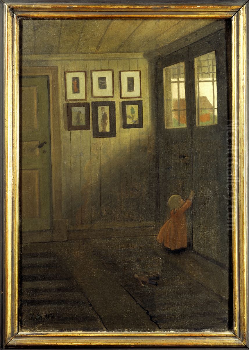 Flickan vid dorren. Interior fran konstnarens hem, Alvangen Oil Painting by Ivar Arosenius