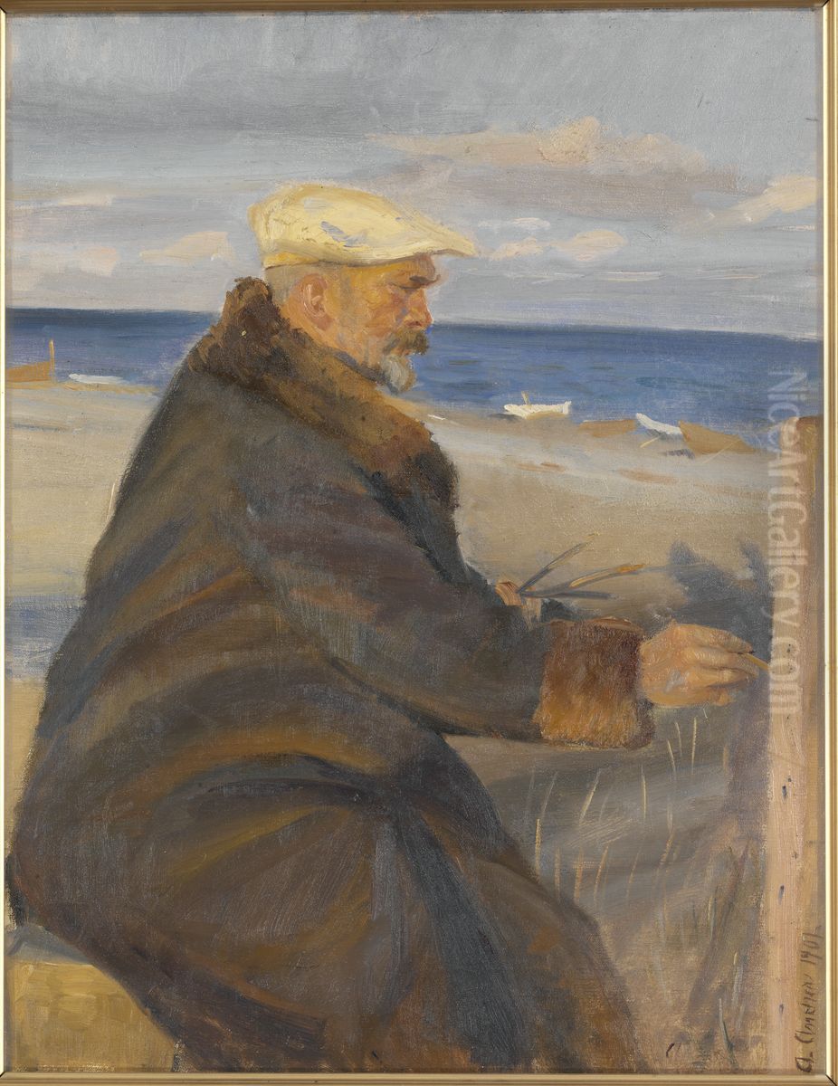 Michael Ancher malande pa stranden Oil Painting by Anna Ancher