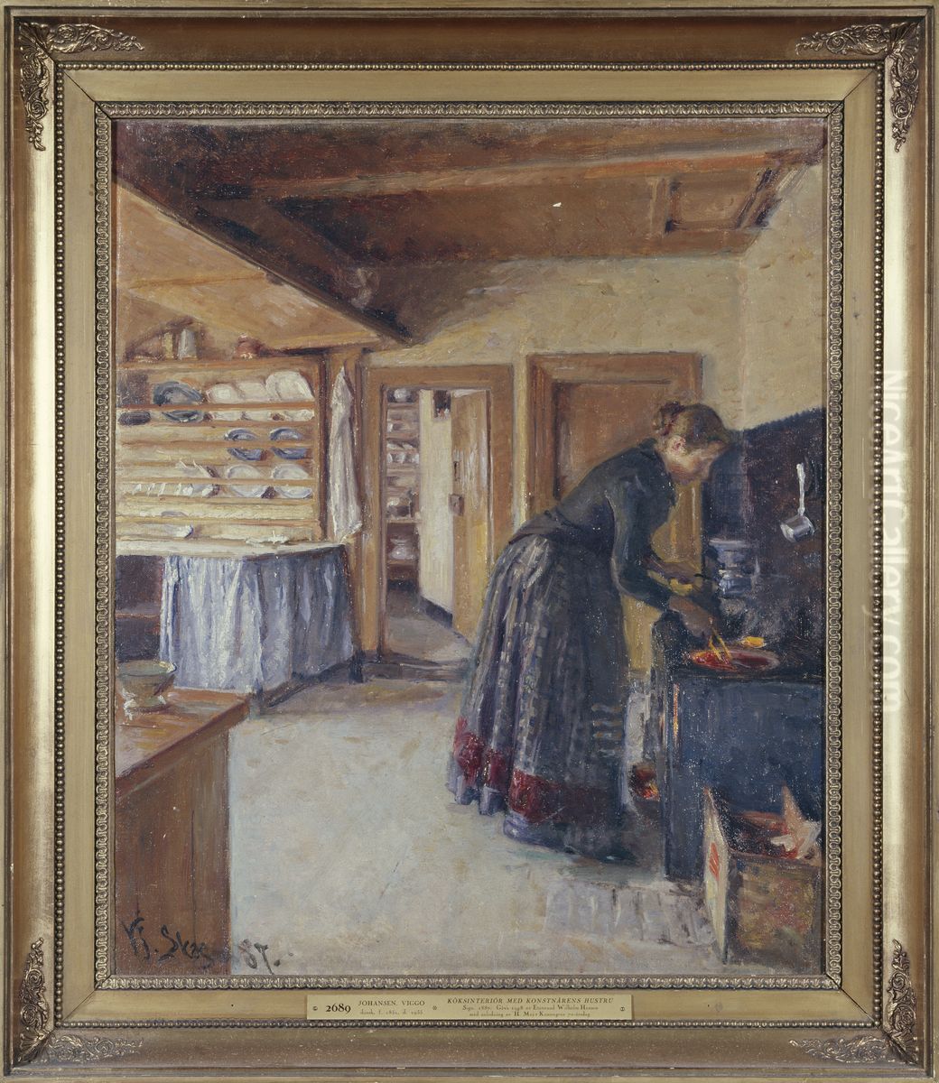 Kitchen, with the artist's Wife Oil Painting by Viggo Johansen