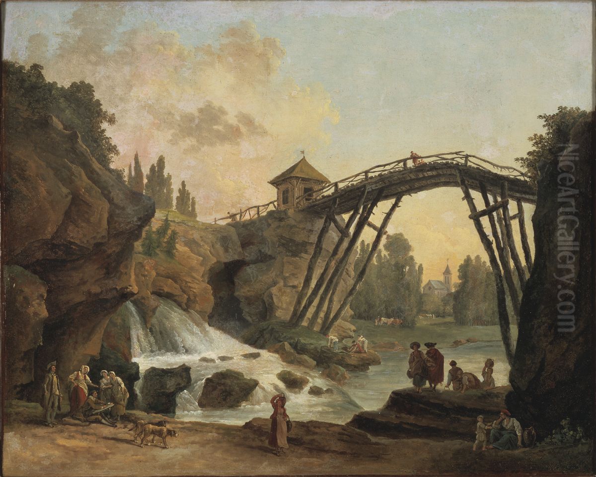 Draughtsman Drawing the Wooden Bridge in the Park of Mereville Oil Painting by Hubert Robert