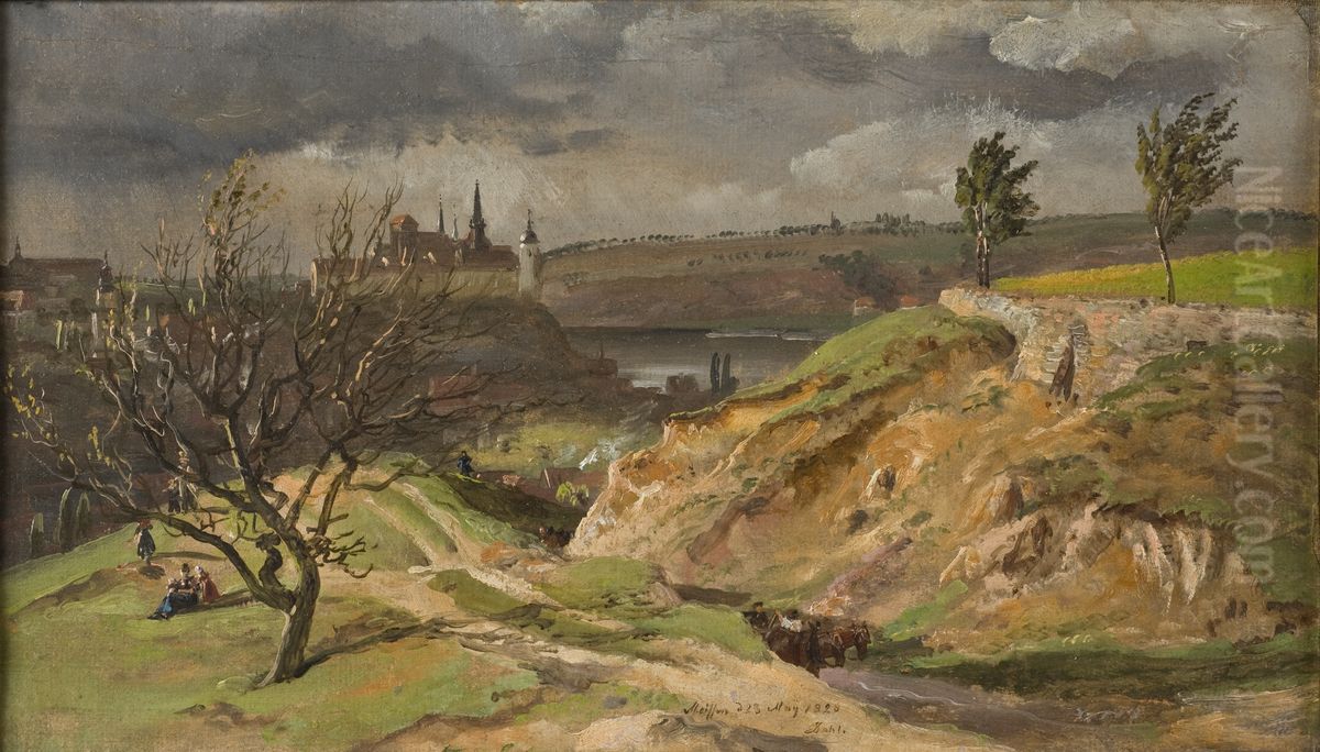 View of Meissen.Study Oil Painting by Johan Wilhelm Ludwig Dahl