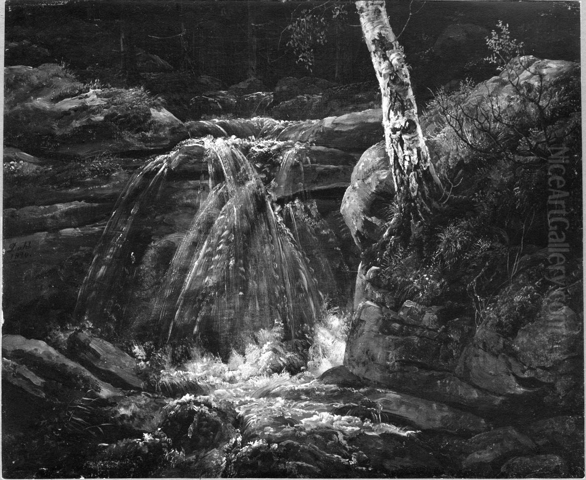 A Waterfall. Study Oil Painting by Johan Wilhelm Ludwig Dahl