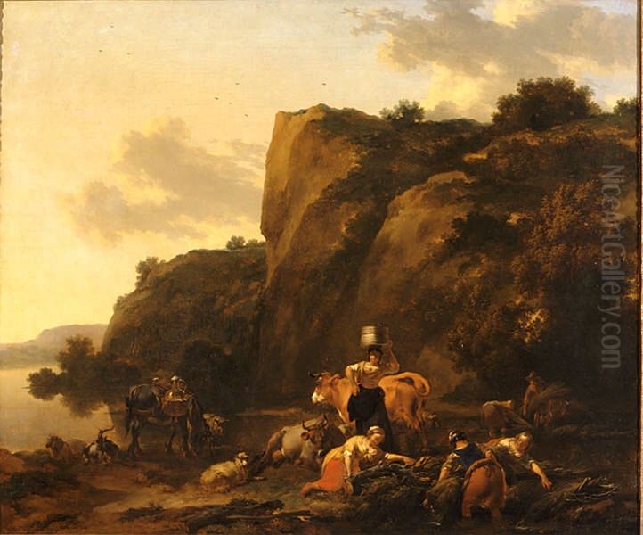 Landskap med vassbargning Oil Painting by Nicolaes Pieterszoon Berchem