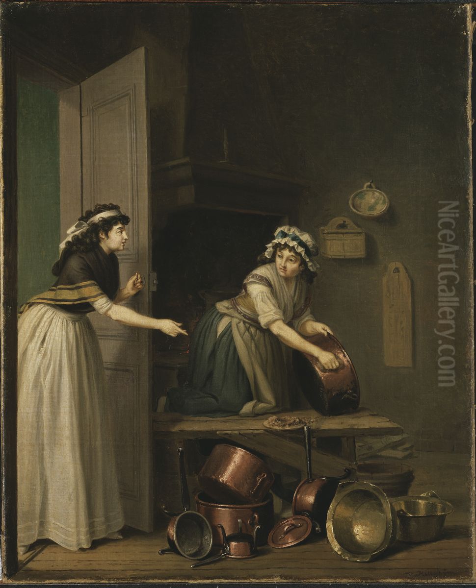 A Woman Furbishing Copper Pans Oil Painting by Pehr Hillestrom