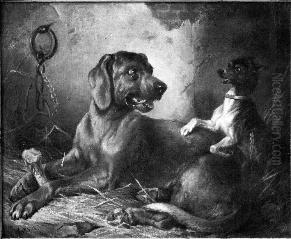 Two Hounds in a Stable Oil Painting by Carl Fredrik Kiorboe