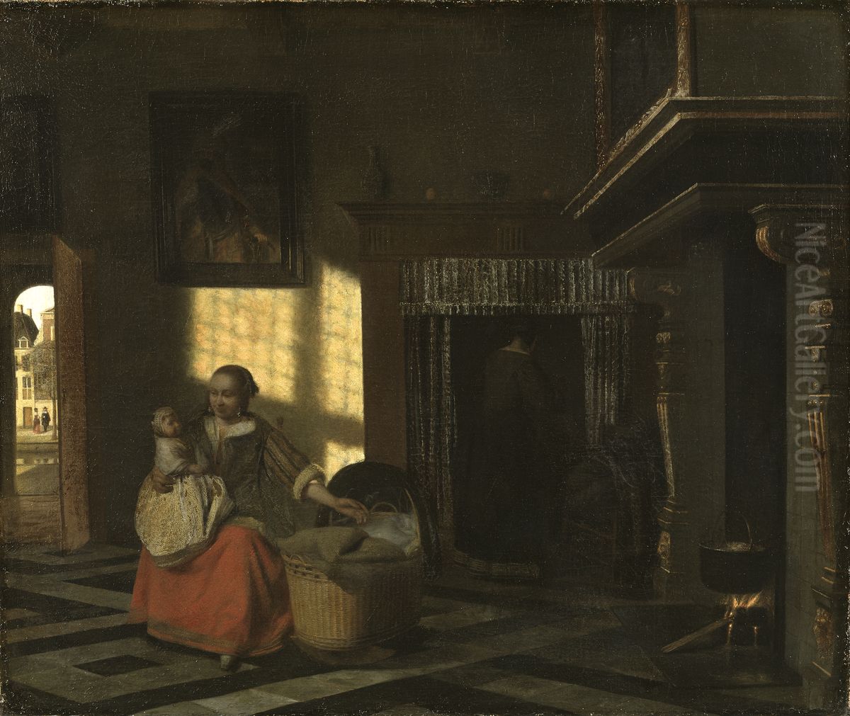 Interior med moder vid vaggan Oil Painting by Pieter De Hooch