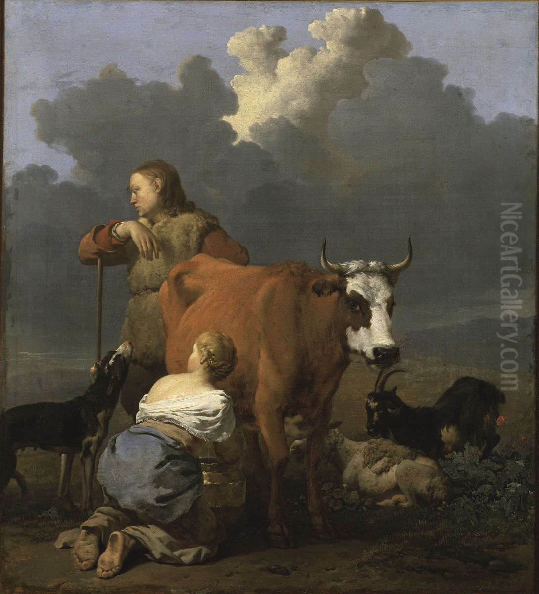 Peasant Girl Milking a Cow Oil Painting by Karel Dujardin
