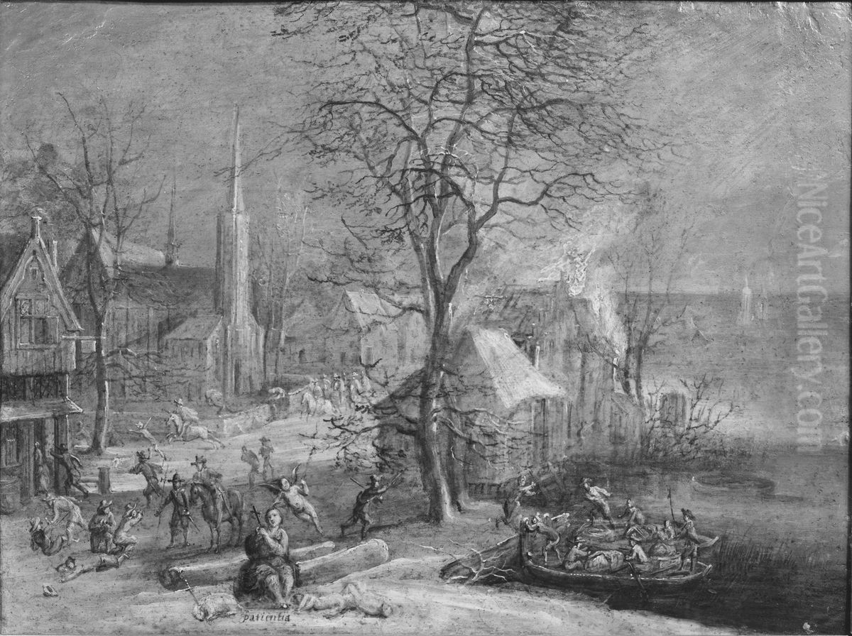 Dutch Town sacked by the Spaniards Oil Painting by Daniel van Heil