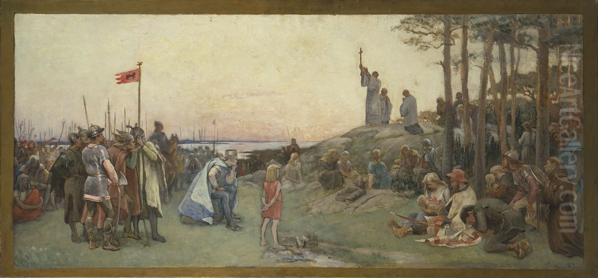 Ansgar forkunnar kristendomen. Andra forslaget till vaggmalning i Nationalmuseums ovre trapphall. Oil Painting by Gustaf Cederstrom
