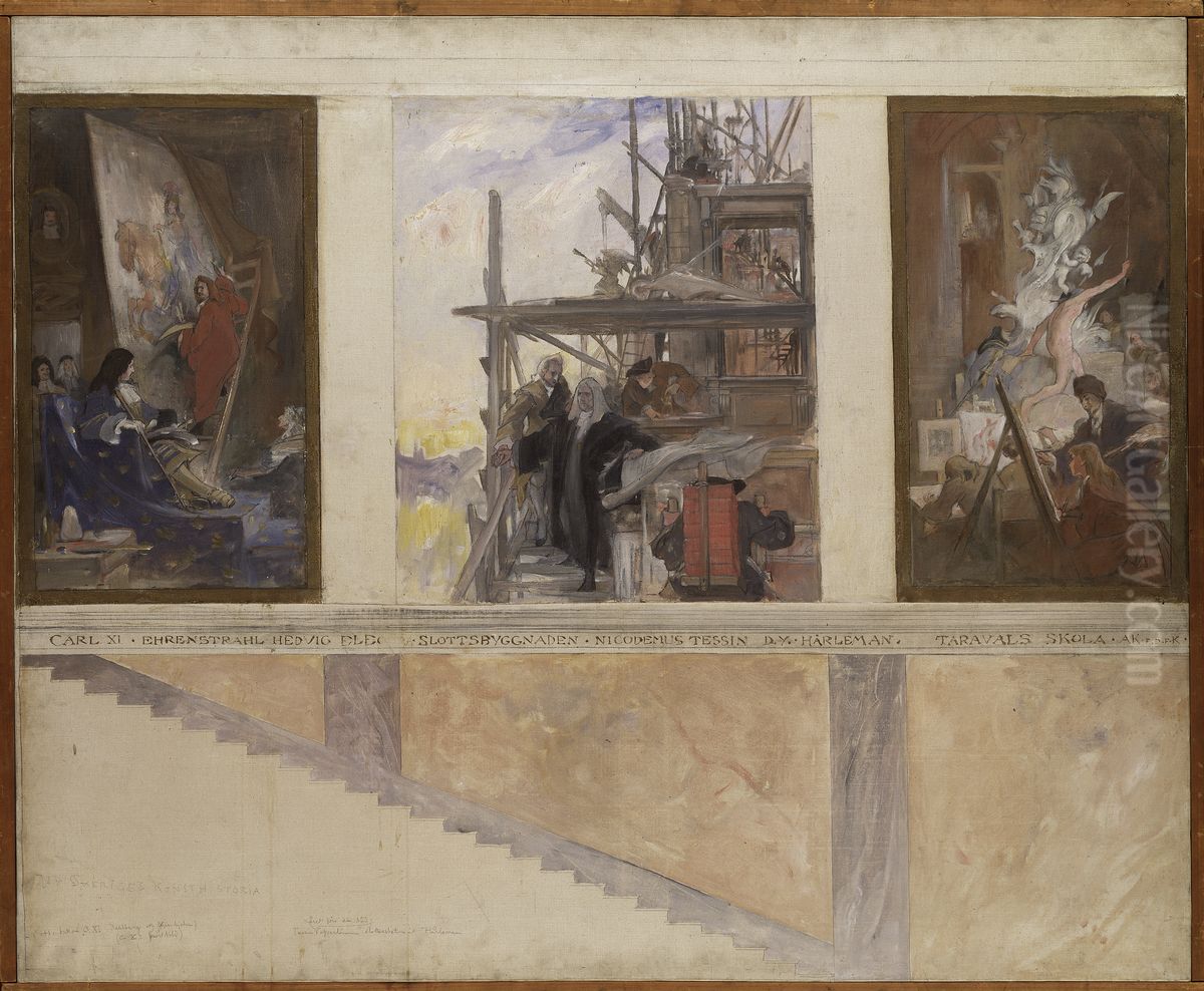 Andra forslaget till fresker i NM:s nedre trapphall, sodra vaggen, tre bildfalt Oil Painting by Carl Larsson