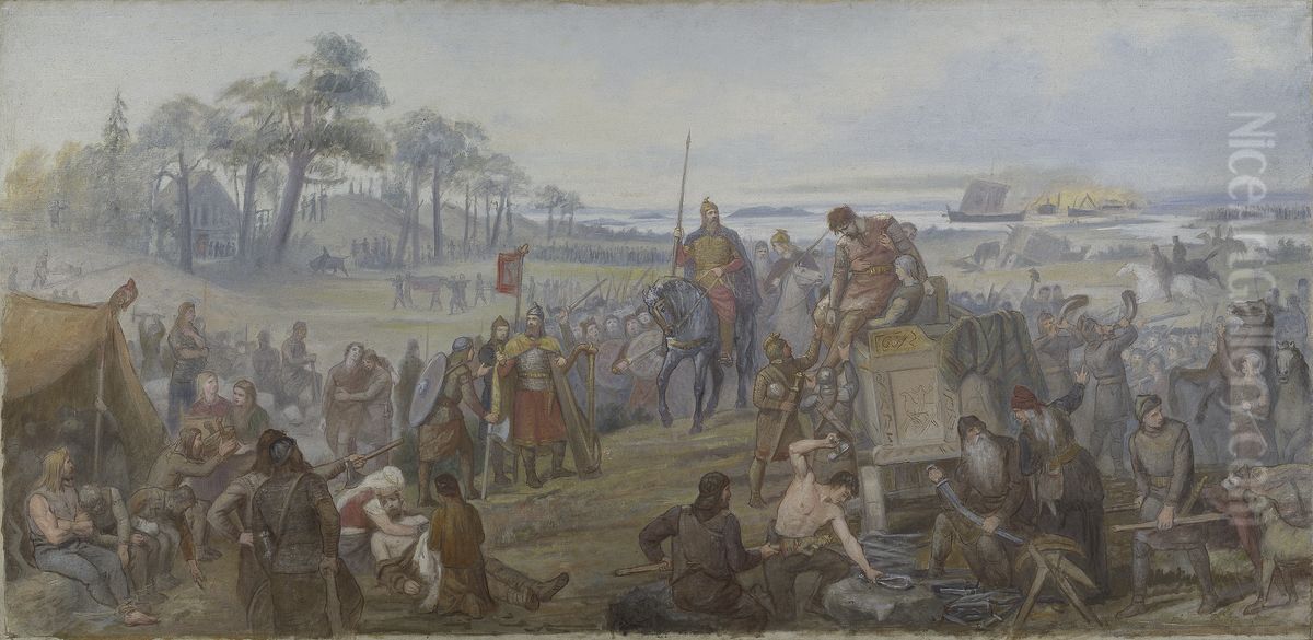 After the Battle of Fyrisvall. Proposed Decoration of the Walls in the Upper Hall of the NM Oil Painting by Marten Eskil Winge