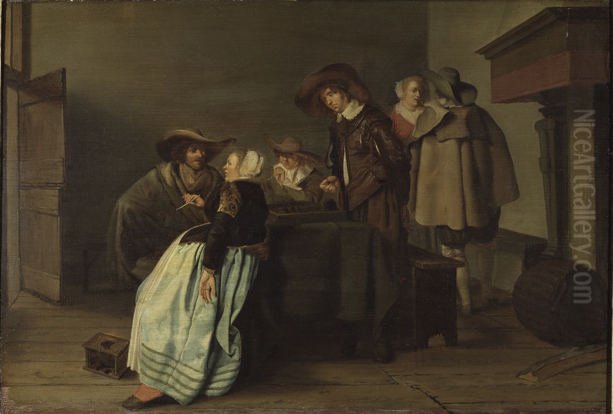 A Conversation Oil Painting by Pieter Codde