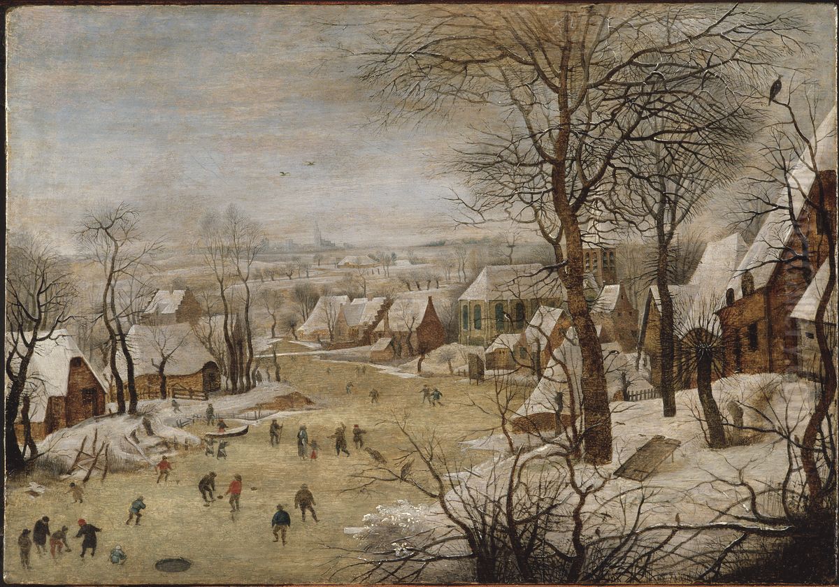 Winter Landscape with Skaters and a Bird Trap Oil Painting by Pieter Brueghel the Younger