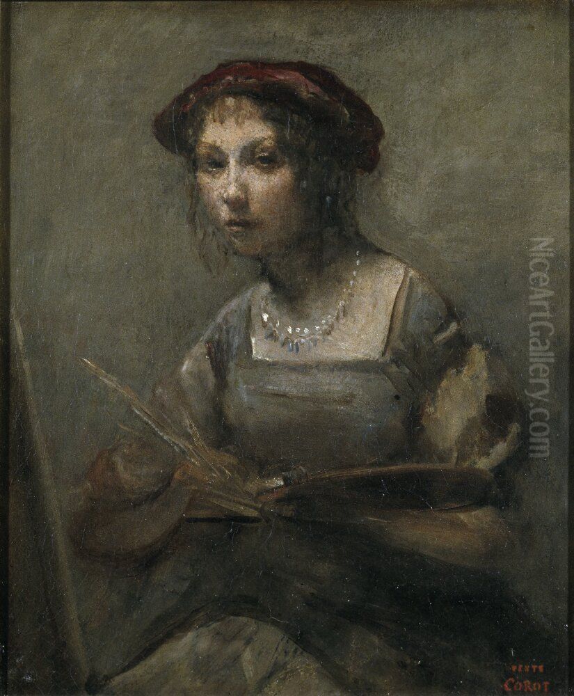 Young Girl Holding a Palette Oil Painting by Jean-Baptiste Camille Corot