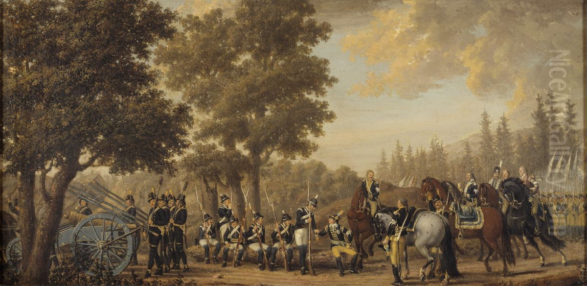 Gustav III och soldaten Gren. Episod fran ryska kriget 1789 Oil Painting by Pehr Hillestrom