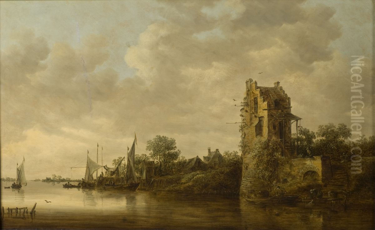 Riverside with an Old Tower Oil Painting by Jan van Goyen