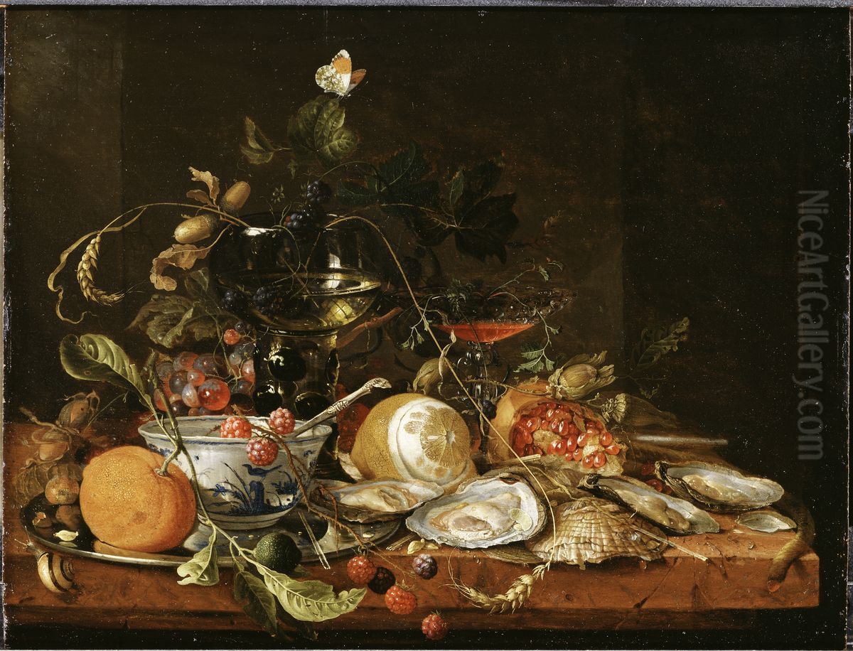 Still Life with Wine, Fruit and Oysters Oil Painting by Jan Davidsz. De Heem