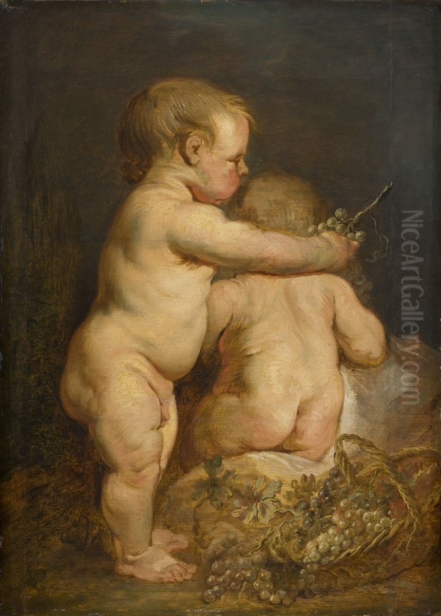 Tva nakna barn med vindruvor Oil Painting by Sir Anthony Van Dyck