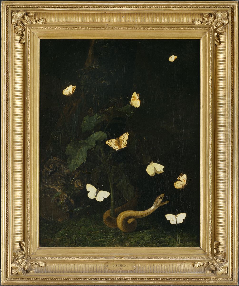 Skogsort, fjarilar och orm Oil Painting by Christiaen Striep