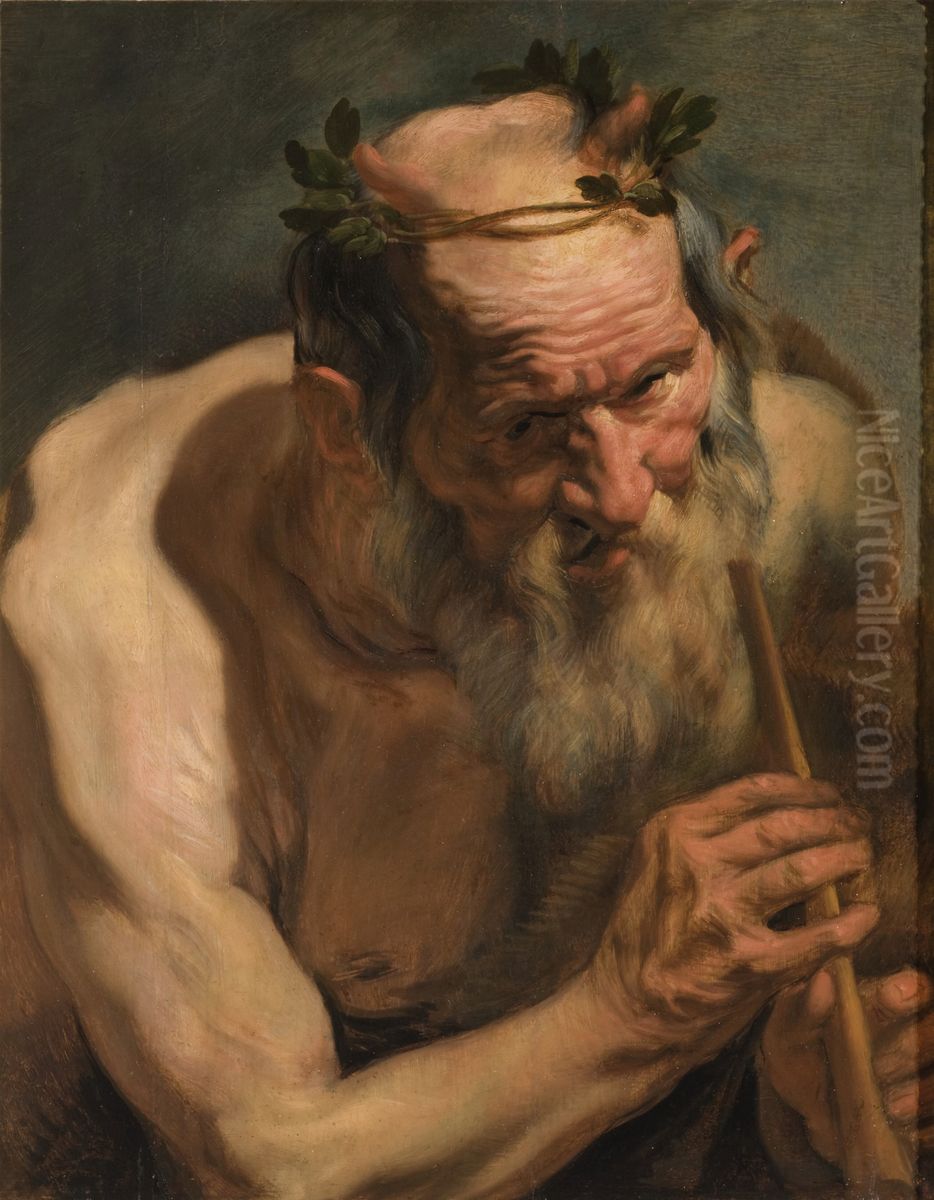 Old satyr holding a flute Oil Painting by Jacob Jordaens