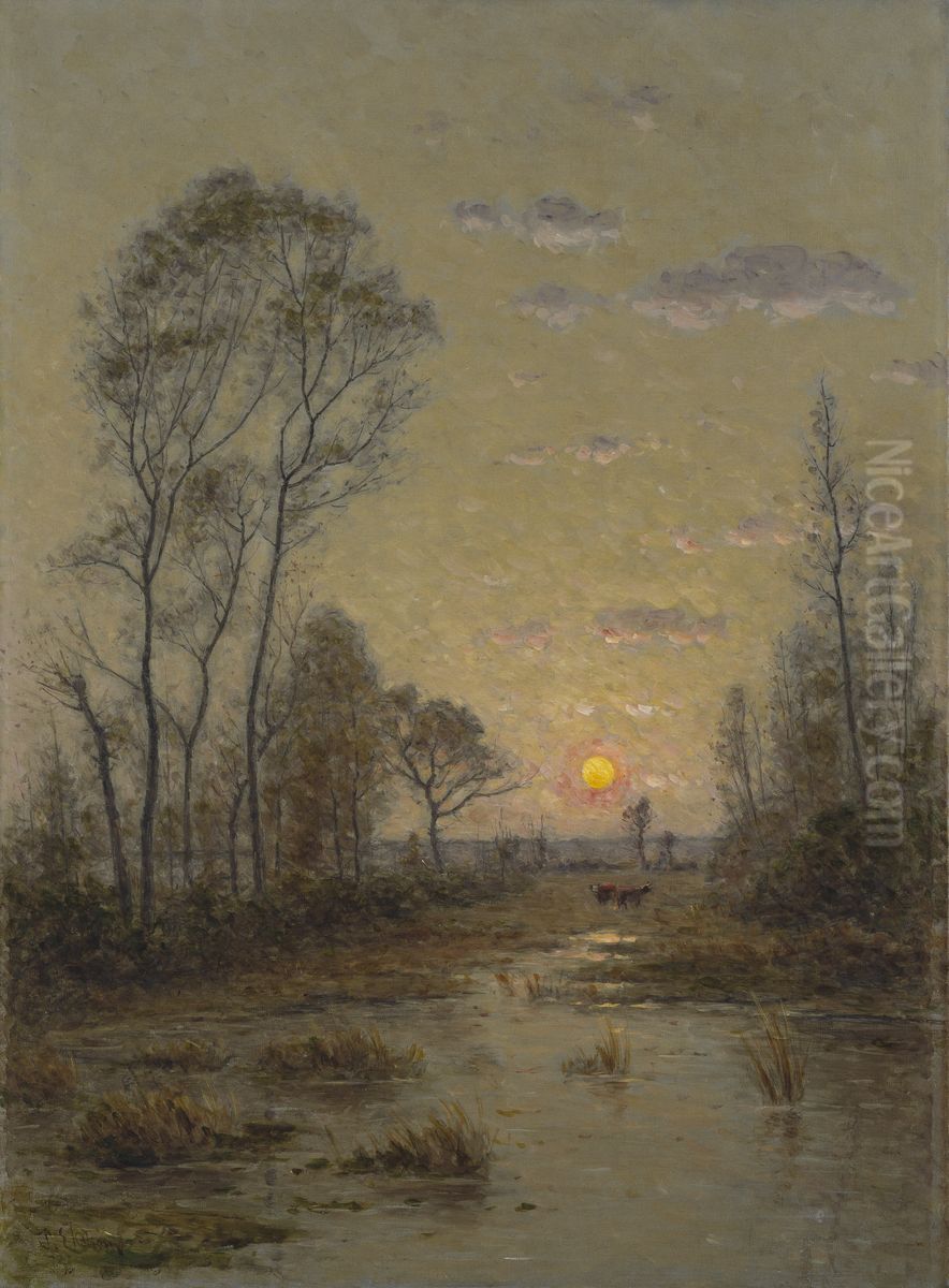 Two Cows in an Evening Landscape Oil Painting by Per Ekstrom