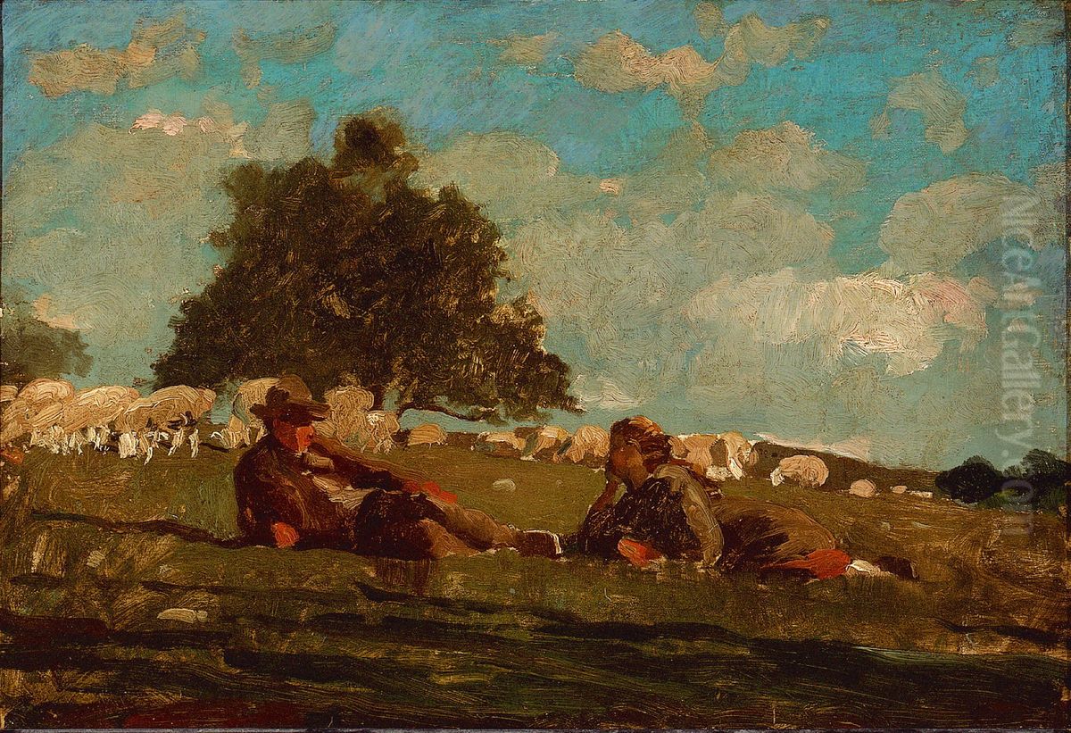 Boy and Girl in a Field with Sheep Oil Painting by Winslow Homer