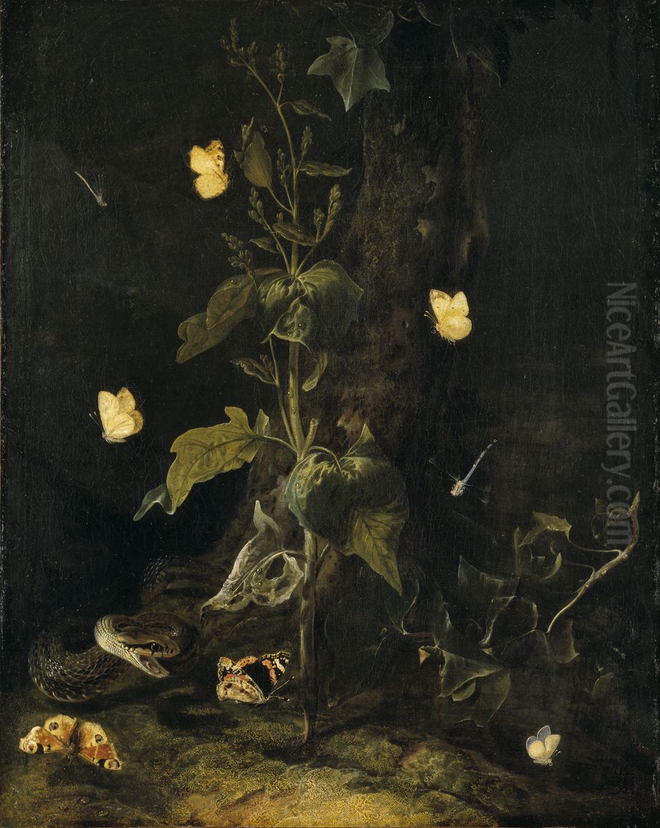 Orm och fjarilar i skogsdunklet Oil Painting by Otto Marseus van Schrieck