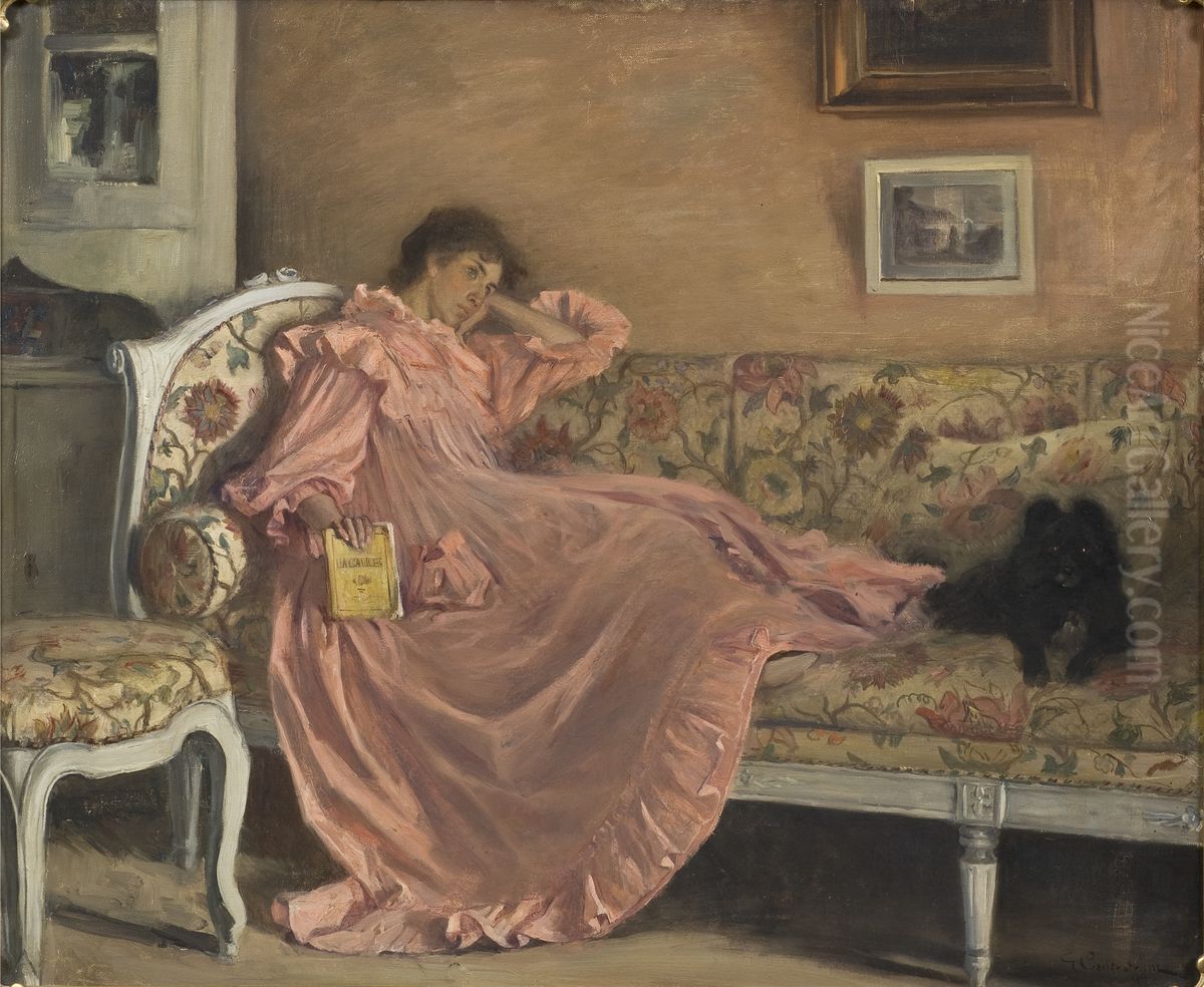 Carola Sitting on the Sofa Oil Painting by Gustaf Cederstrom