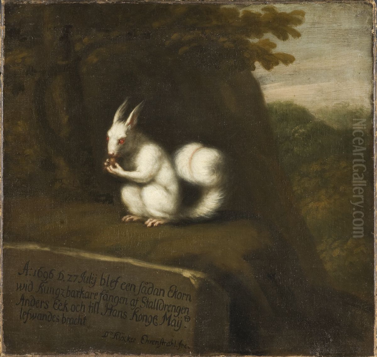 White Squirrel in a Landscape Oil Painting by David Klocker Ehrenstrahl
