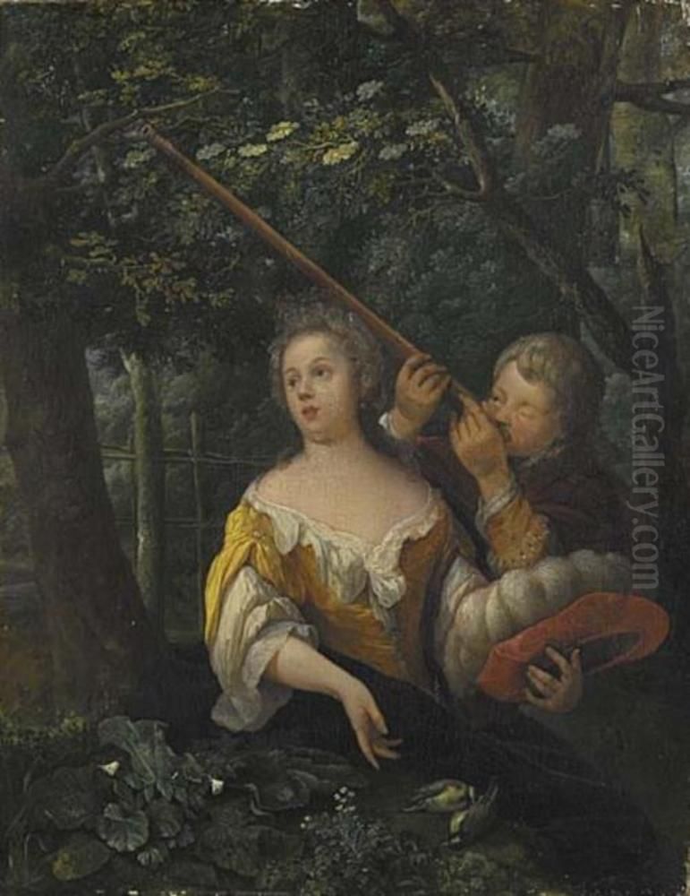 Gosse och flicka skjuter faglar med blasror Oil Painting by Eglon van der Neer