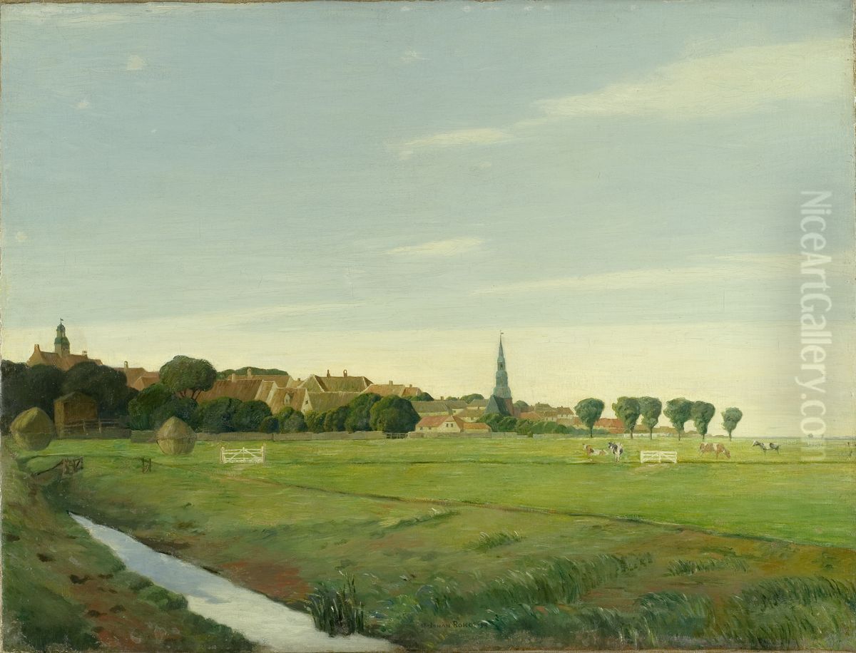 Landscape with a Town Oil Painting by Johan Rohde