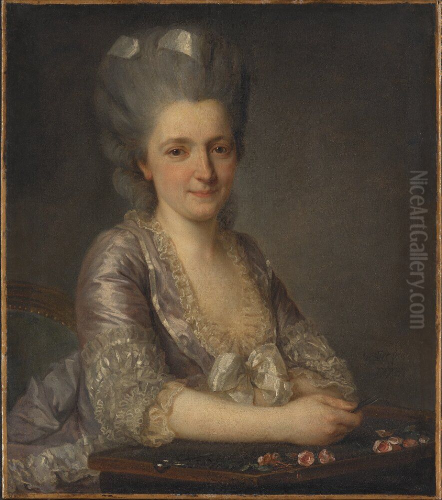 Dam i rosa klanning Oil Painting by Antoine Vestier