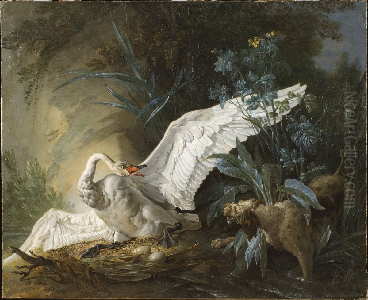 Water Spaniel Surprising a Swan on its Nest Oil Painting by Jean-Baptiste Oudry