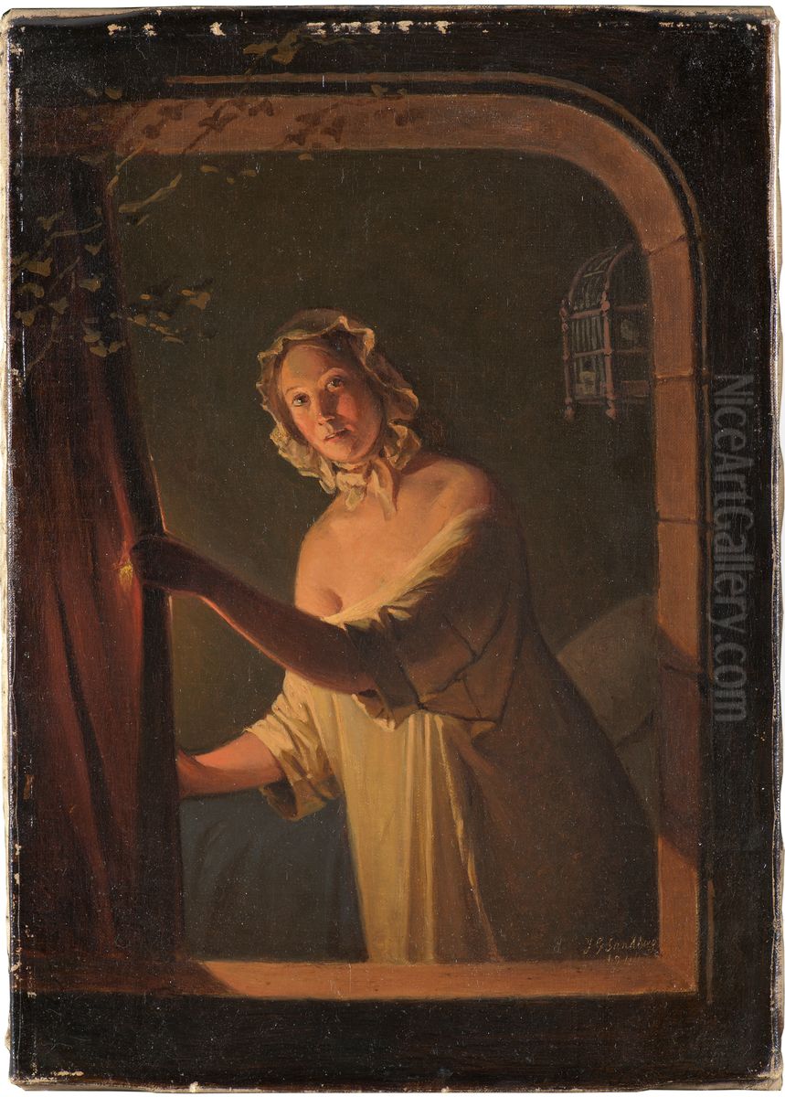 Flicka vid ljussken Oil Painting by Johan Gustaf Sandberg