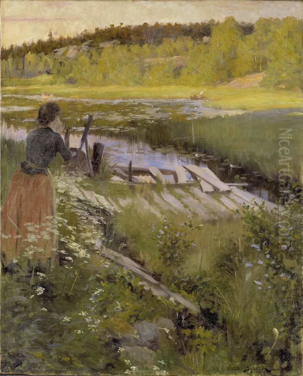 By the Lake. View from Balingsta Oil Painting by Oscar Bjorck