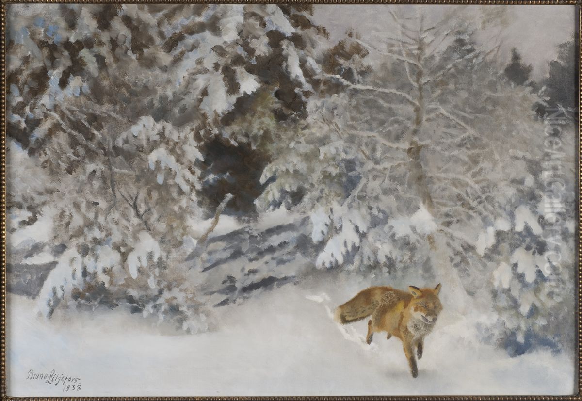 Fox in Winter Landscape Oil Painting by Bruno Andreas Liljefors