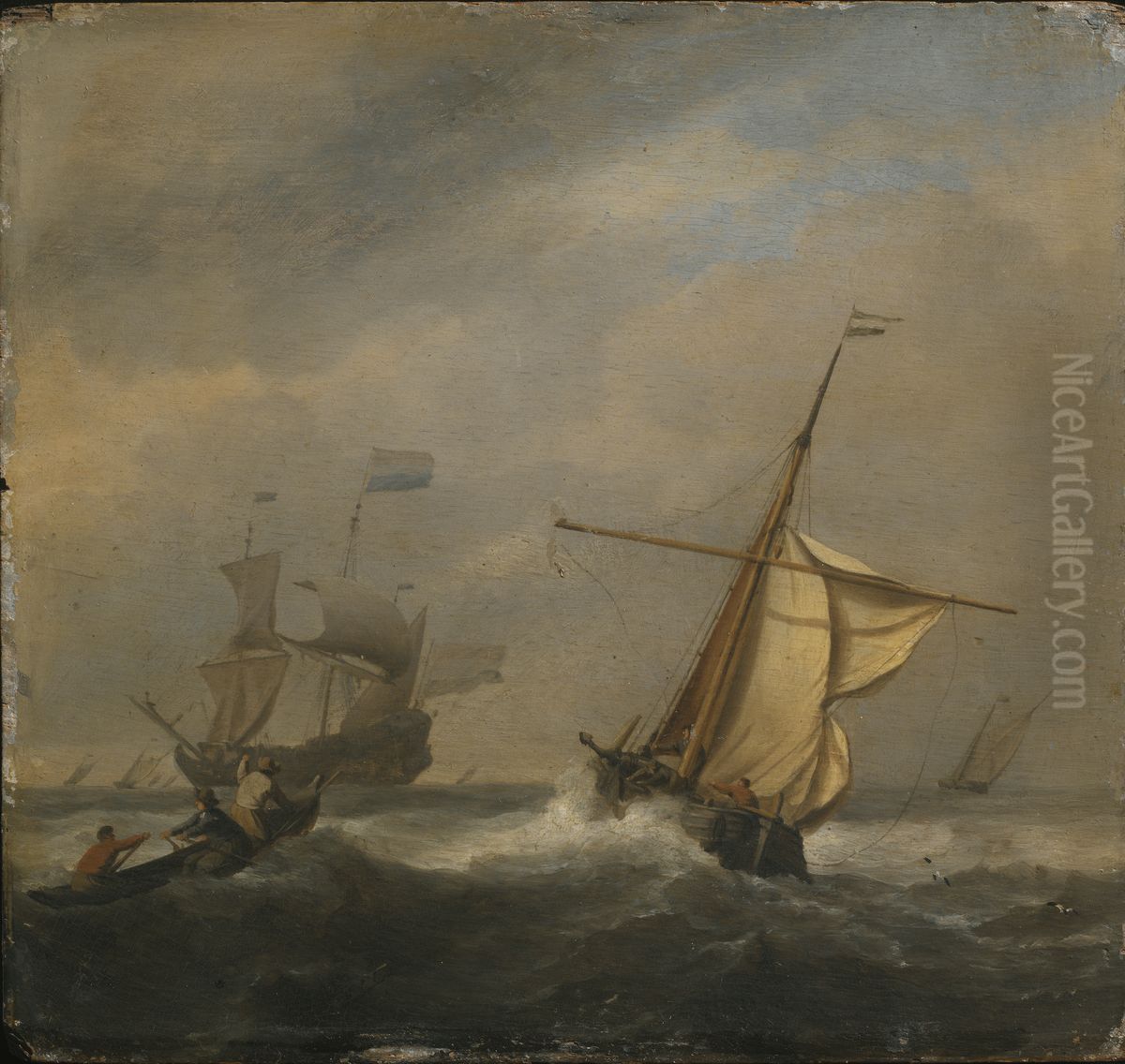 Fishing Boats in a Gabe Oil Painting by Willem van de Velde the Younger