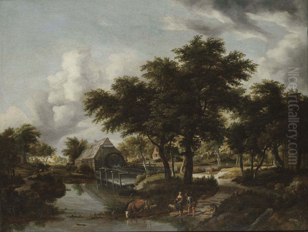 Skogslandskap med vattenkvarn Oil Painting by Meindert Hobbema
